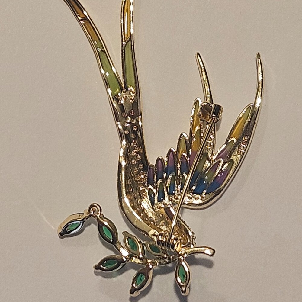 Estate Art Nouveau French Plique a Jour Colorful Bird Swallow Gold Brooch Pin 3" - Picture 6 of 6